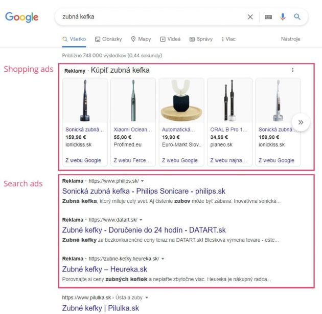 Google shipping ads and Goodle search ads - Reklama vo výsledkoch vyhľadávania, na internete